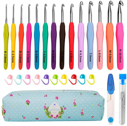 14 Size Crochet Hooks Set,Multicolor,2Mm(B)-10Mm(N) Ergonomic Crochet Hooks with Case for Arthritic Hands, Extra Long Crochet Needles