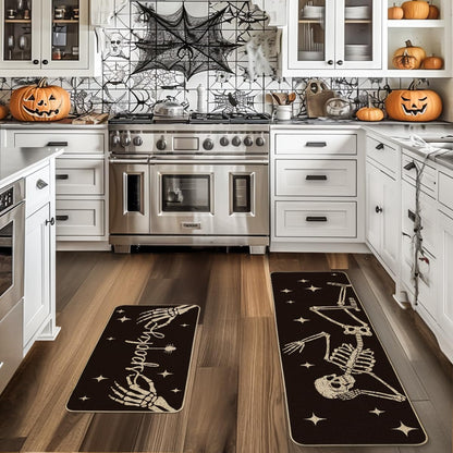 Spooky Skeleton Spider Bone Black Halloween Kitchen Mats Set of 2, Black Home Decor Low-Profile Kitchen Rugs for Floor - 17X29 and 17X47 Inch