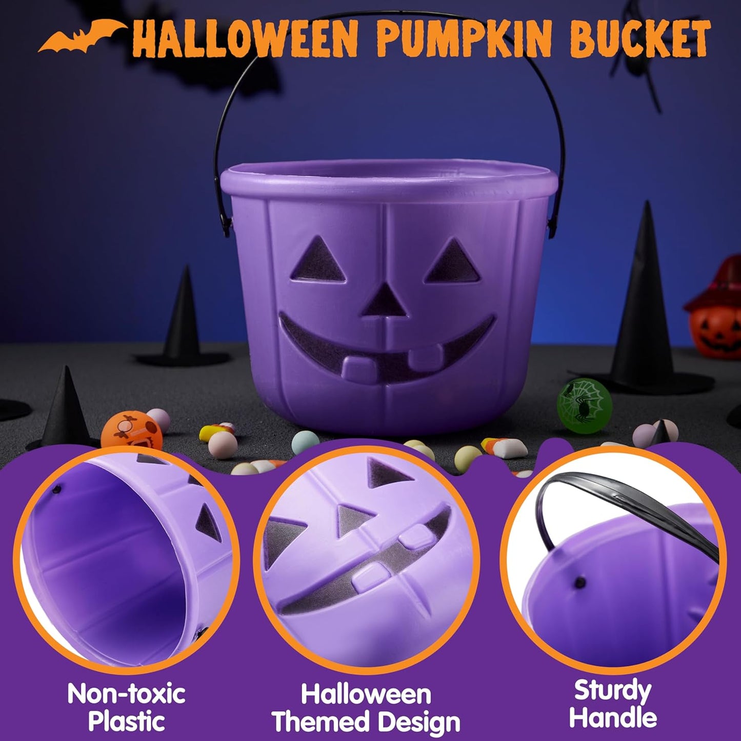 Halloween Trick or Treat Pumpkin Bucket, Orange Plastic Candy Bucket for Trick or Treating, Black Purple Jack O Lantern Basket and Pails with Handle for Kids Halloween Party Favor Supplies