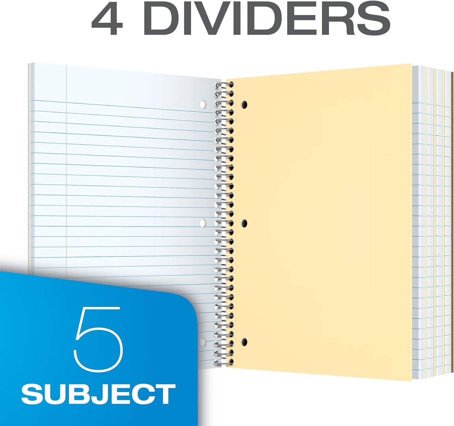 Spiral Notebook 3 Pack, 5 Subject, College Ruled Paper, 4 Dividers, 8 X 10-1/2 Inches, Black, Red, Blue, 180 Sheets (65203)