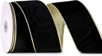 Black Velvet Ribbon Wired 2.5" X 10 Yards Black Velvet Ribbon with Gold Backside, Black and Gold Christmas Wired Tree Ribbon for Wreaths, Bows, Crafts, Home Decor, Gift Wrapping