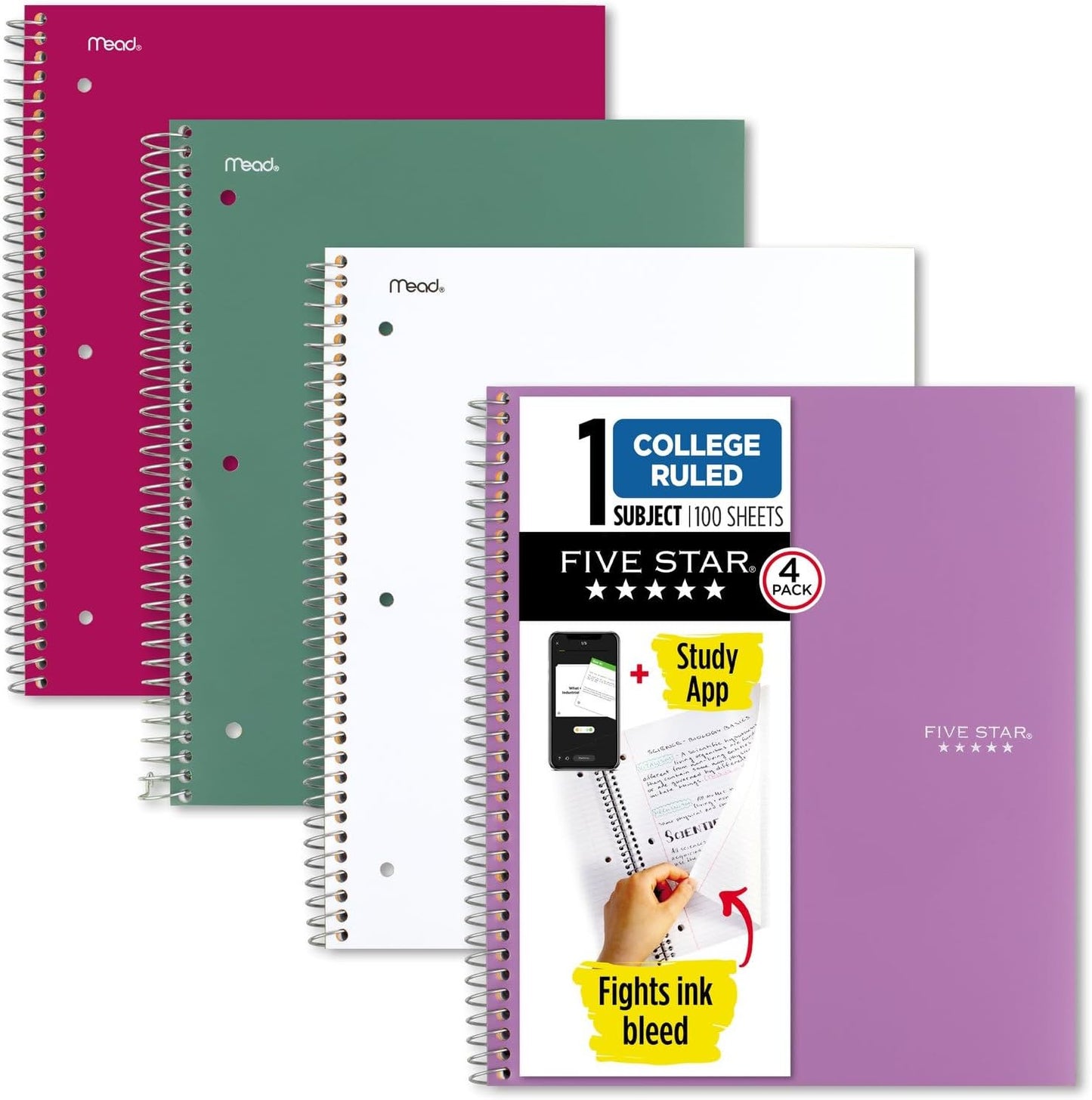 Spiral Notebooks + Study App, 4 Pack, 1 Subject, College Ruled Paper, 8-1/2" X 11", 100 Sheets, Purple, Pink, White, Green (820337-ECM)