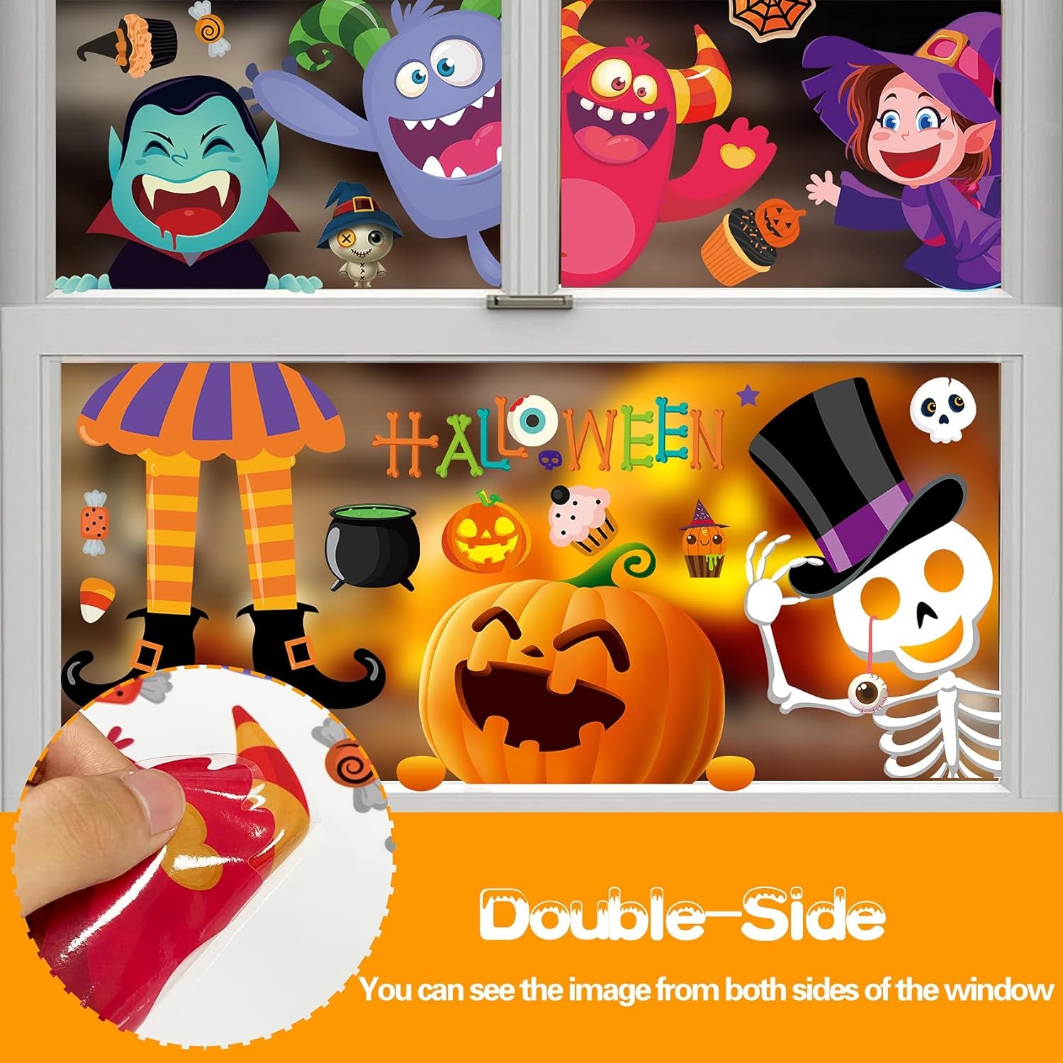 N/C Halloween Window Clings for Kids Halloween Gel Window Clings Double Sided 10 Sheets Halloween Window Clings for Glass Windows Cute Halloween Window Clings Large for Window