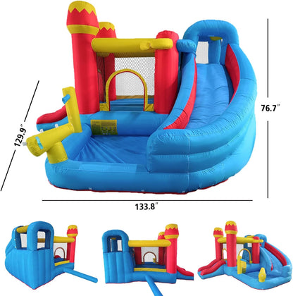 Inflatable Water Slide Bounce House for Kids, 6-In-1 Backyard Water Park with Splash Pool, Climbing Wall, Basketball Hoop, Water Cannon, Air Blower Summer Party Gift