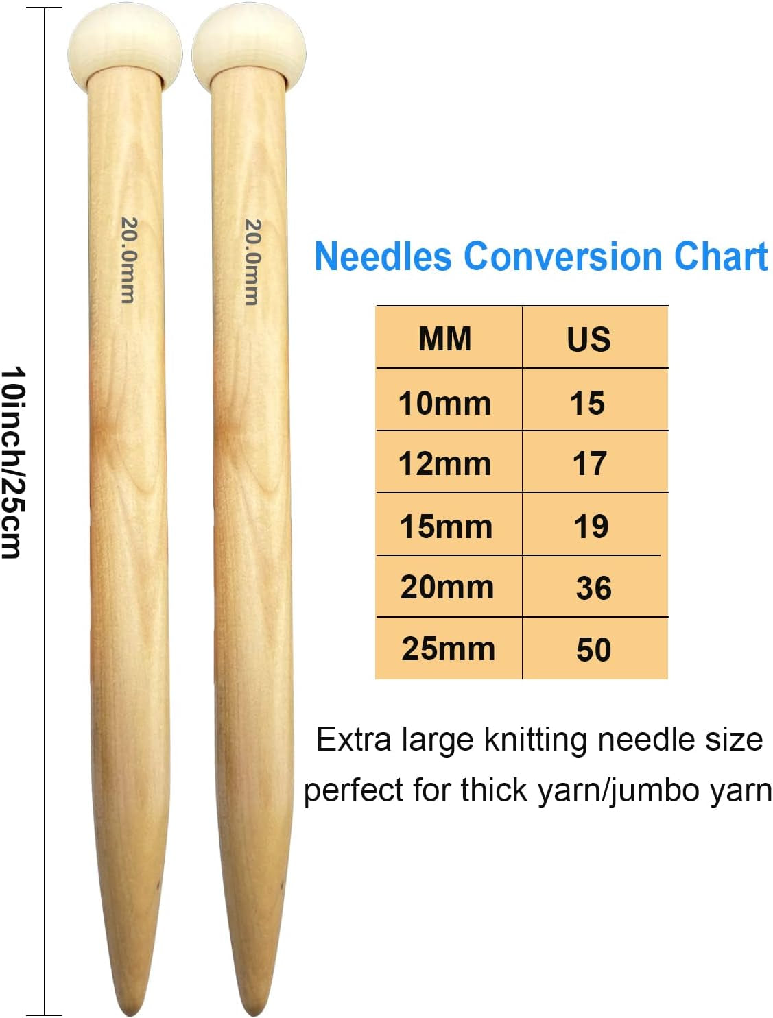 Large Size Bamboo Knitting Needle Straight Single Pointed Thick Knit Needles 10-Inch Length Jumbo Knitting Needles for Huge Chunky Yarn Handmade DIY Knitting,Us Size 15(10Mm)