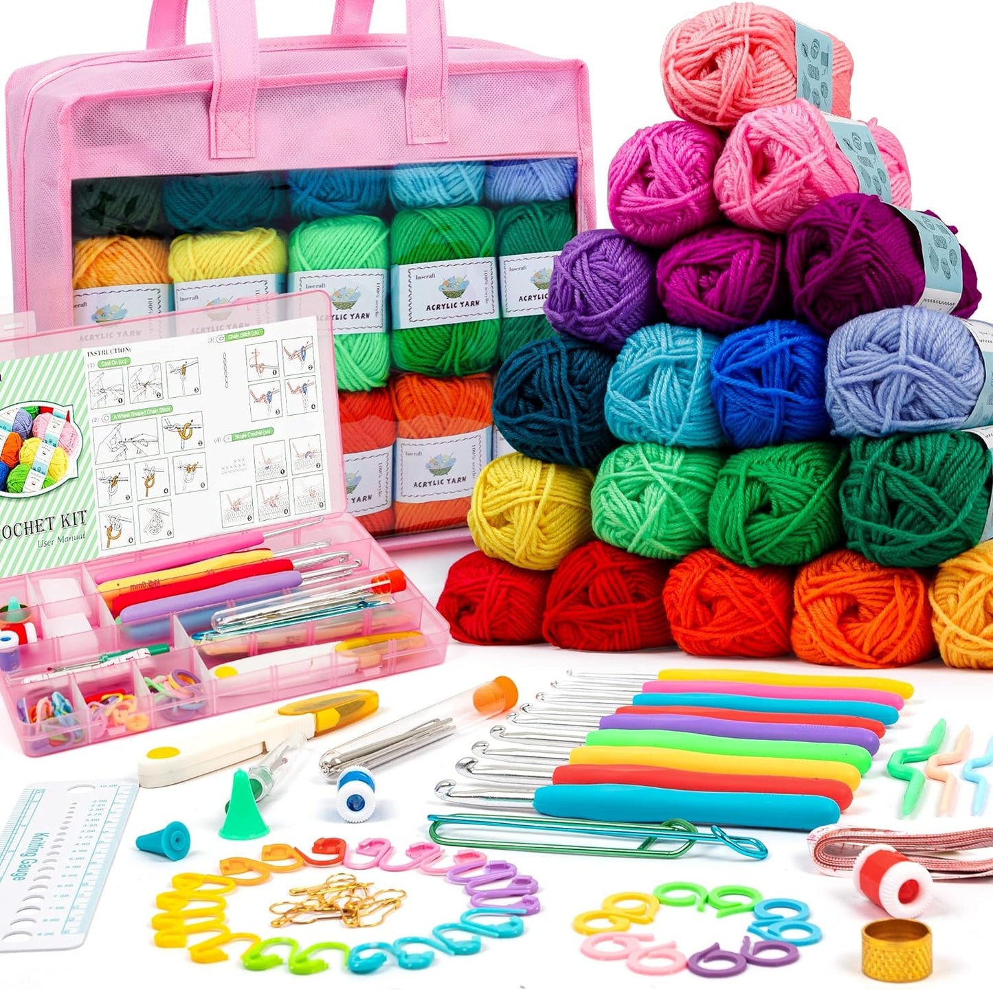 103 PCS Crochet Kit with Crochet Hooks Yarn Set, Premium Bundle Includes 1650 Yards Acrylic Yarn Skeins Balls, Needles, Accessories, Bag, Ideal Starter Pack for Kids Adults Beginner Professionals