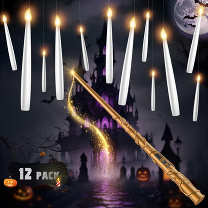 Floating Candles with Wand - 12 Pack Halloween Decorations Magic Flameless Candles Flickering Warm Light LED Hanging Candle Remote, Battery Operated Candles for Christmas Outdoor Indoor Party Decor