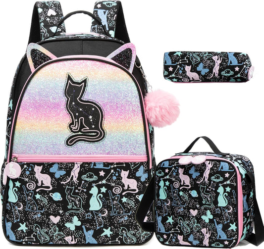 Cute Cat School Backpacks for Girls Black Backpack with Lunch Box for Elementary Student Kids Back to School Supplies for Girls Ages 8-10