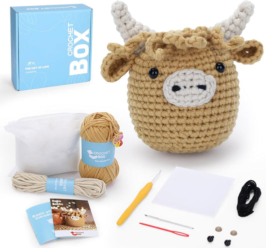 Crochet Kit for Beginners: Highland Cow Crochet Kit, Learn to Crochet, Include Easy Knitting Soft Yarn, Step-By-Step Video Tutorial, Hook, Holiday Birthday Gift for Adults and Kids(30%+ Yarn)