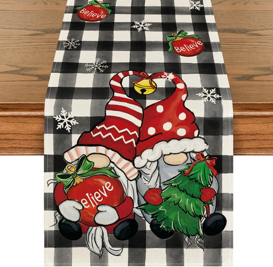 Buffalo Plaid Gnome Bell Xmas Tree Christmas Table Runner, Seasonal Winter Kitchen Dining Table Decoration for Home Party Decor 13X72 Inch