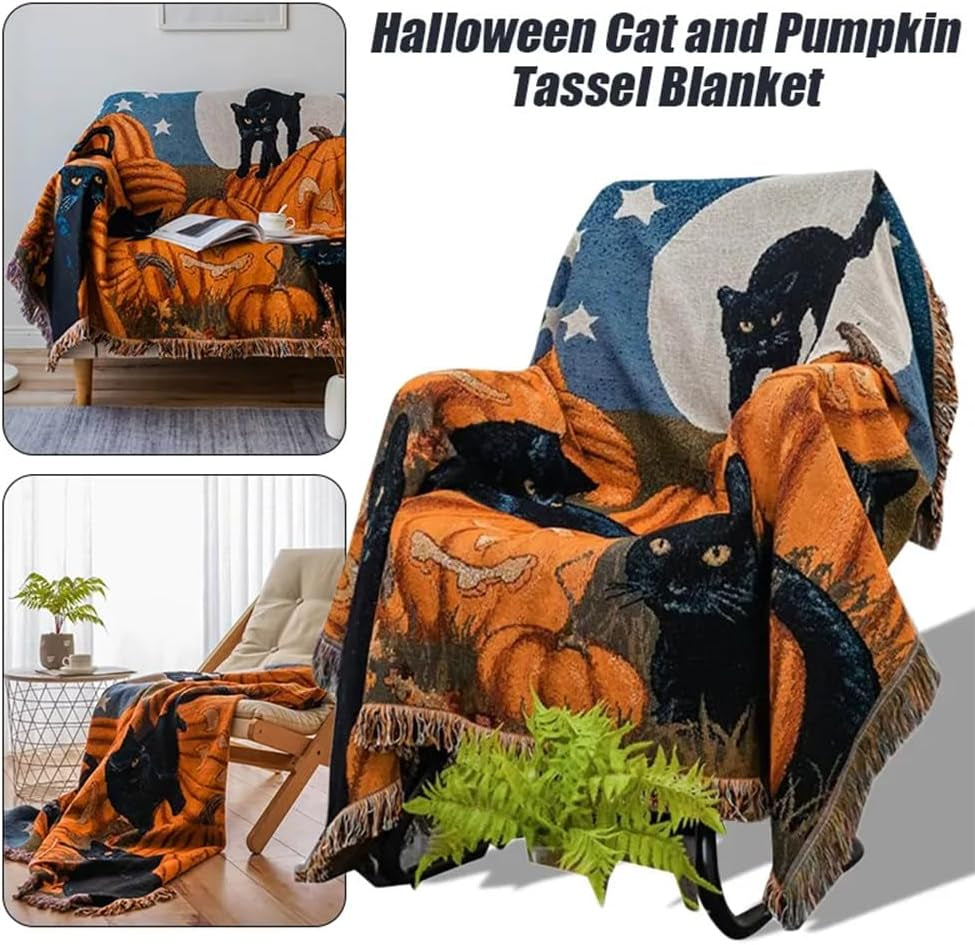 Vintage Halloween Blanket Cat Blanket Sofa Throw Blanket Chair Sofa Couch Bed Cover Fit Home Cozy Knit Blankets