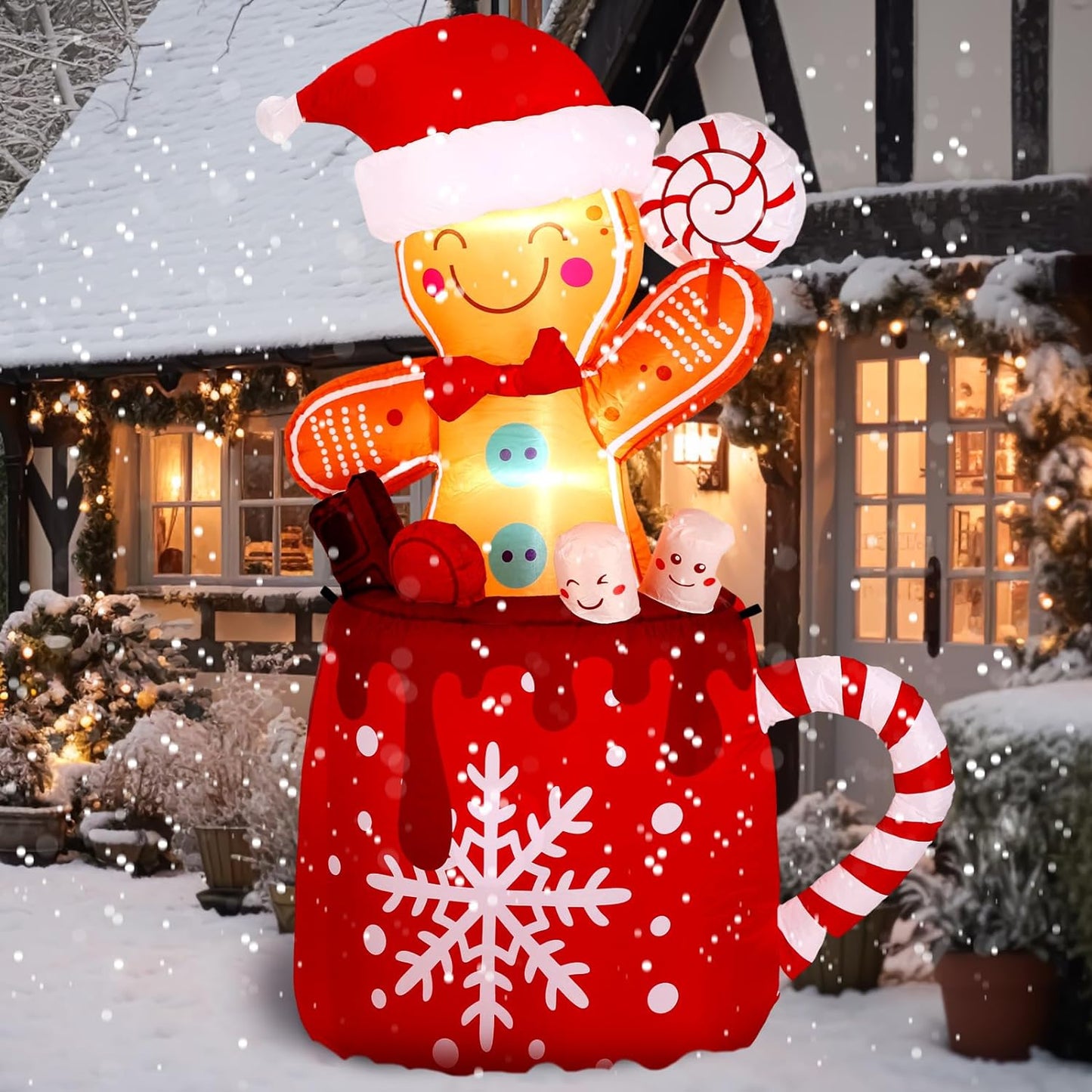 6 FT Christmas Inflatables Gingerbread Inflatable Christmas Outdoor Decorations Cute Blow up Gingerbread Man in Hot Cocoa Mug with LED Light for Yard Garden Lawn Xmas Holiday Party Decor