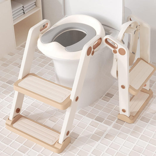 Potty Training Toilet for Toddler, Potty Toddler Toilet with Step Ladder for Kids Boys Girls Potty Training Seat Adjustable Comfortable PU Safe Potty Seat with Anti-Slip Pads (Gold)