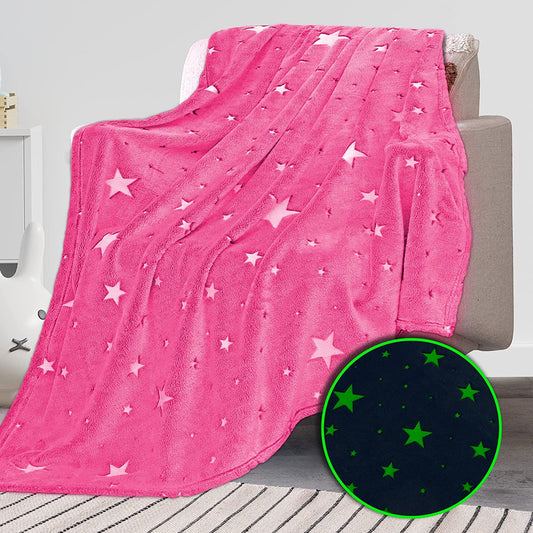 Glow in the Dark Blanket for Kids Unique Birthday Gifts for Girls Boys Teens Soft Cozy Warm Fuzzy Cute Throw Blanket All Seasons Pink Glowing Stars Blankets for Couch Sofa Bed 50"×60"