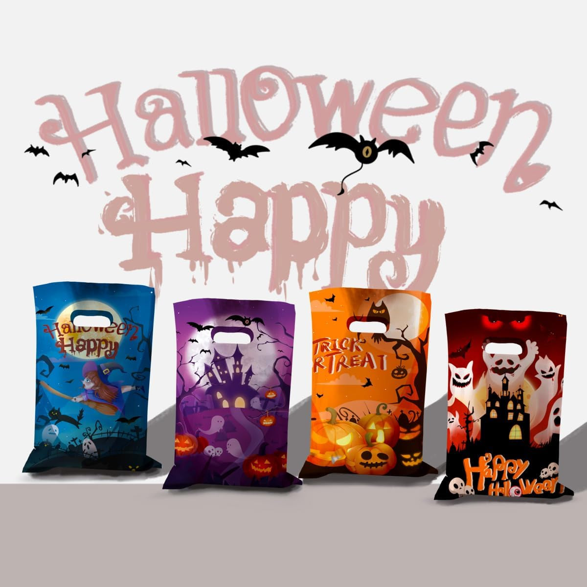 6.5''X10.5'' Halloween Cellophane Treat Bags with Handle, Halloween Trick or Treat 50 Pack Goodie Bags Halloween Candy Goody Bags for Halloween Decorations Party