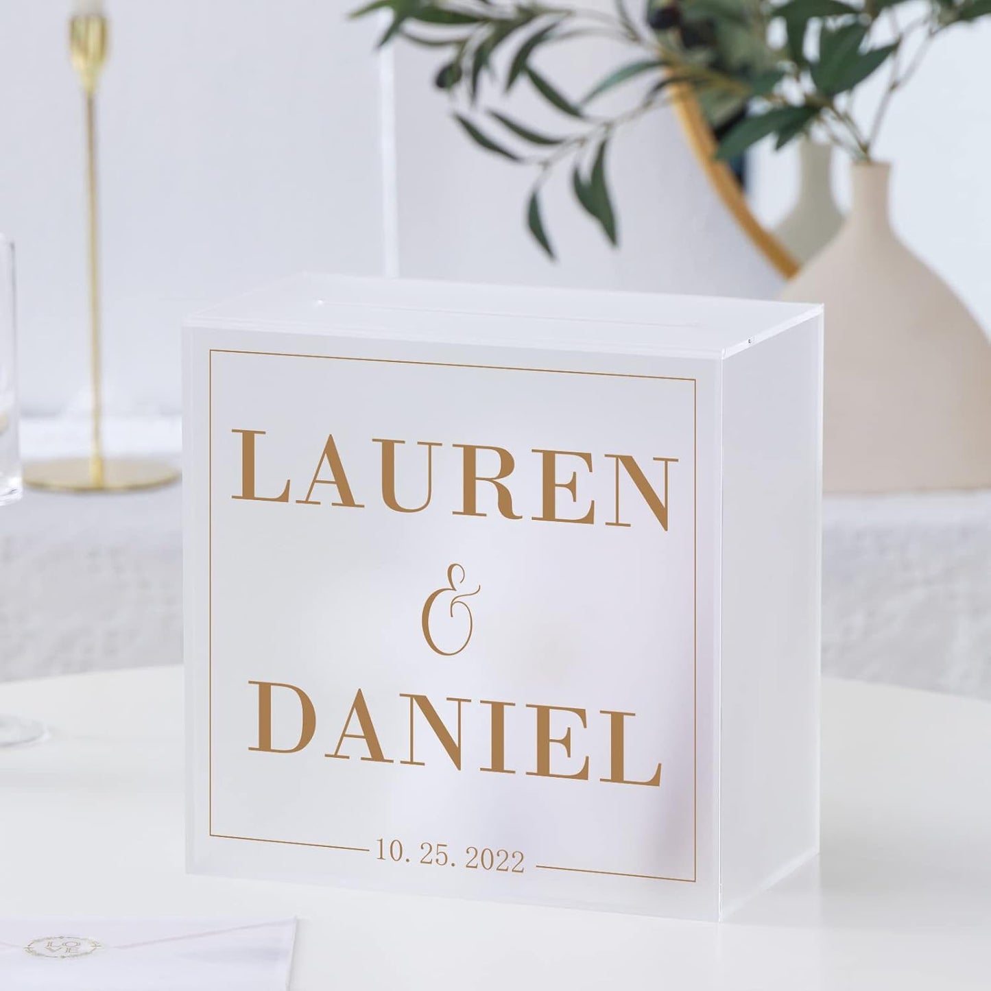 Frosted Acrylic Wedding Card Box with Slot, Large 10X10X5.5 Inch W/White Print | Wedding Receptions Wishing Well Money Box, Birthdays, Memory Box