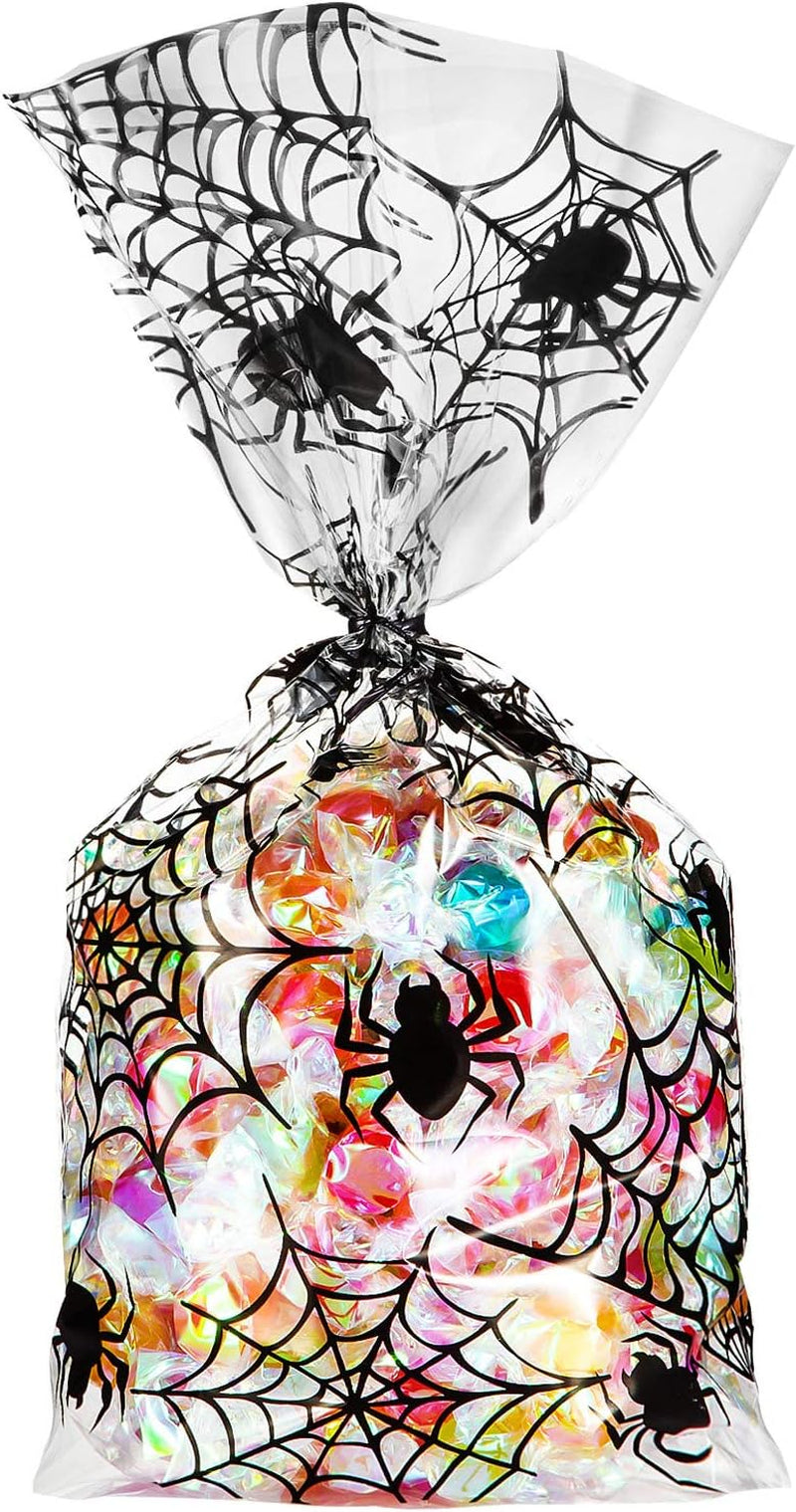 50 Counts 15 X 25 Cm Halloween Cellophane Treat Bags Pumpkin Halloween Clear Sweet Candy Bags with 300 Pieces Twist Ties for Halloween Christmas Party Favor