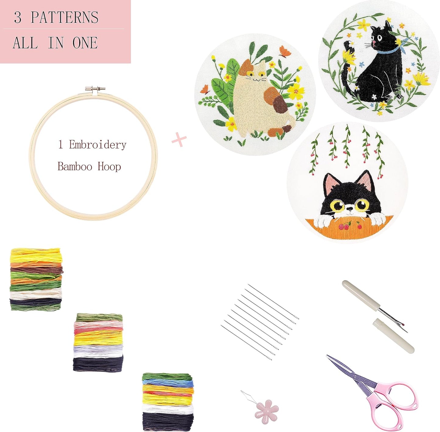 Embroidery Kit for Beginners, 3 Sets Embroidery Kit for Craft Lover Handy Stitch with Embroidery Fabric with Pattern,Full Range Accessories (Cats)