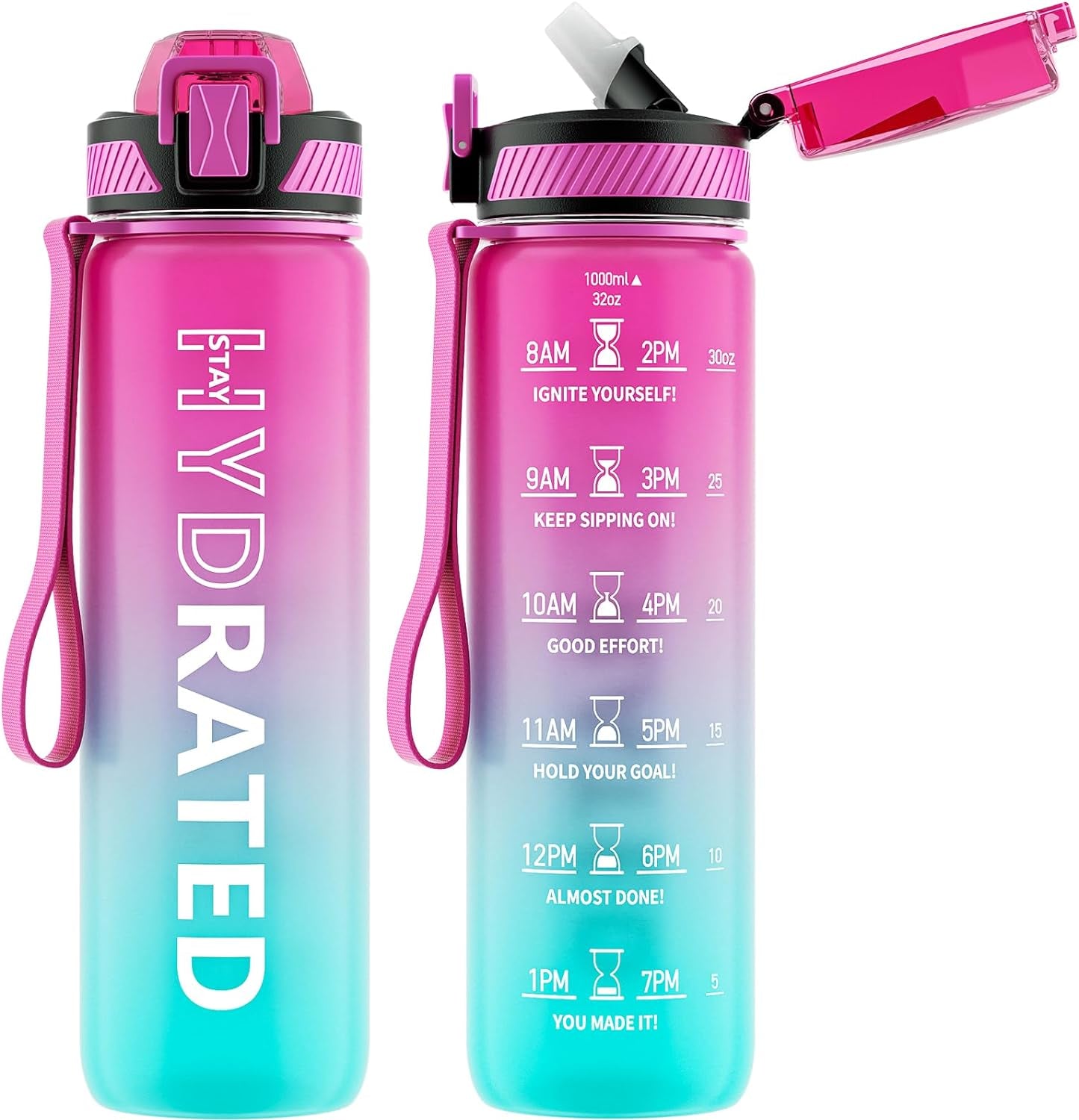 Water Bottle with Straw, 32 Oz Motivational Water Bottles with Time Marker to Drink, Tritan BPA Free, 1L Sports Water Bottle with Carry Strap Leakproof for Men Gym Fitness Outdoor (1 Pack)