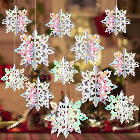 12PCS Christmas Hanging Snowflake, 3D Iridescent Snowflake Decorations, Garland Glittery Hanging Snowflake Ornaments for Christmas Tree Winter Wonderland Decorations Indoor Outdoor