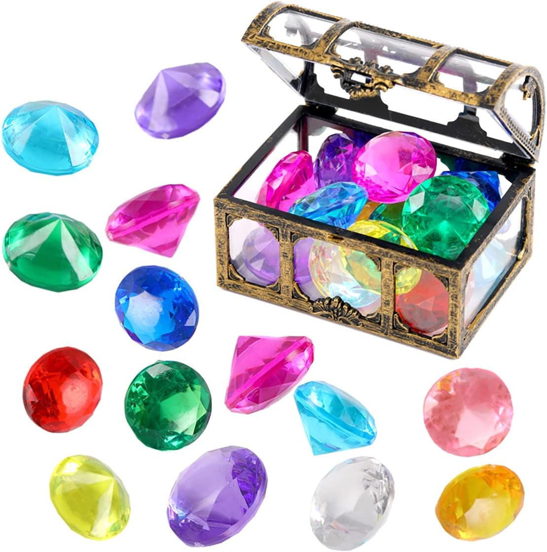 Diving Gem Pool Toys Sand Toys,14 Color Diamond Treasure Chest Summer Swimming Gems Pirate Diving Toy Set Underwater Swimming Toychildren'S Game Gifts for Boys and Girls(Golden)