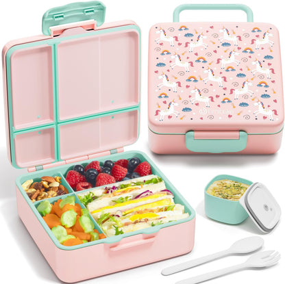 Bento Lunch Box for Kids - Leak Proof Toddler Bento Box with 4 Compartments BPA Free Dishwasher Safe Lunch Container with Utensils, Ideal Portion Sizes for Ages 3-12 Girls Boys for School