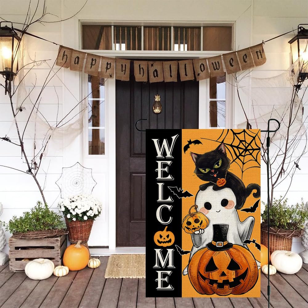 Halloween Garden Flag Cat Ghost Jack-O Lantern 12X18 Inch Double Sided for outside Small Holiday Yard Decoration