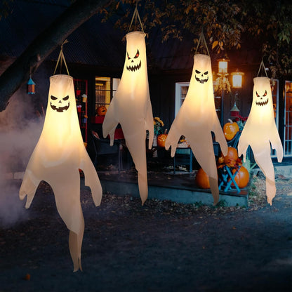 Halloween-Decorations-Outdoor Hanging-Ghost Windsocks for Trees with Timer, LED Ghosts to Hang in Tree Porch Yard, Waterproof, Timer,2 Pcs (No Batteries)