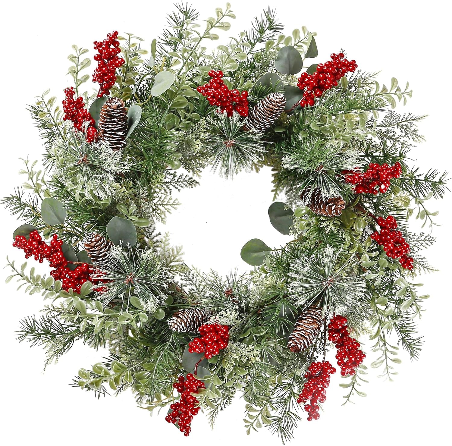 21 Inch Artificial Christmas Wreath for Front Door Xmas Red Berry Wreath with Pine Needles Pine Cones Eucalyptus Leaves Christmas Hanging Decorations for Wall Outdoor Home Window Decor