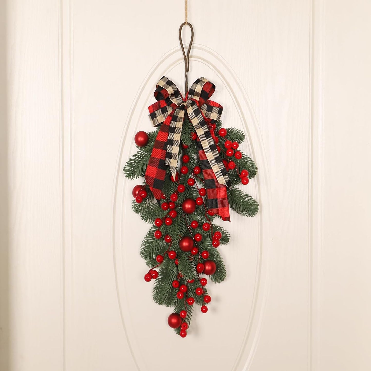 Christmas Swag Artificial Teardrop Swag Wreaths with Pine Cone Red Berry Christmas Ball Artificial Christmas Pine Branch Teardrop Door Swag Decoration for Xmas Front Door Outdoor Indoor Wall