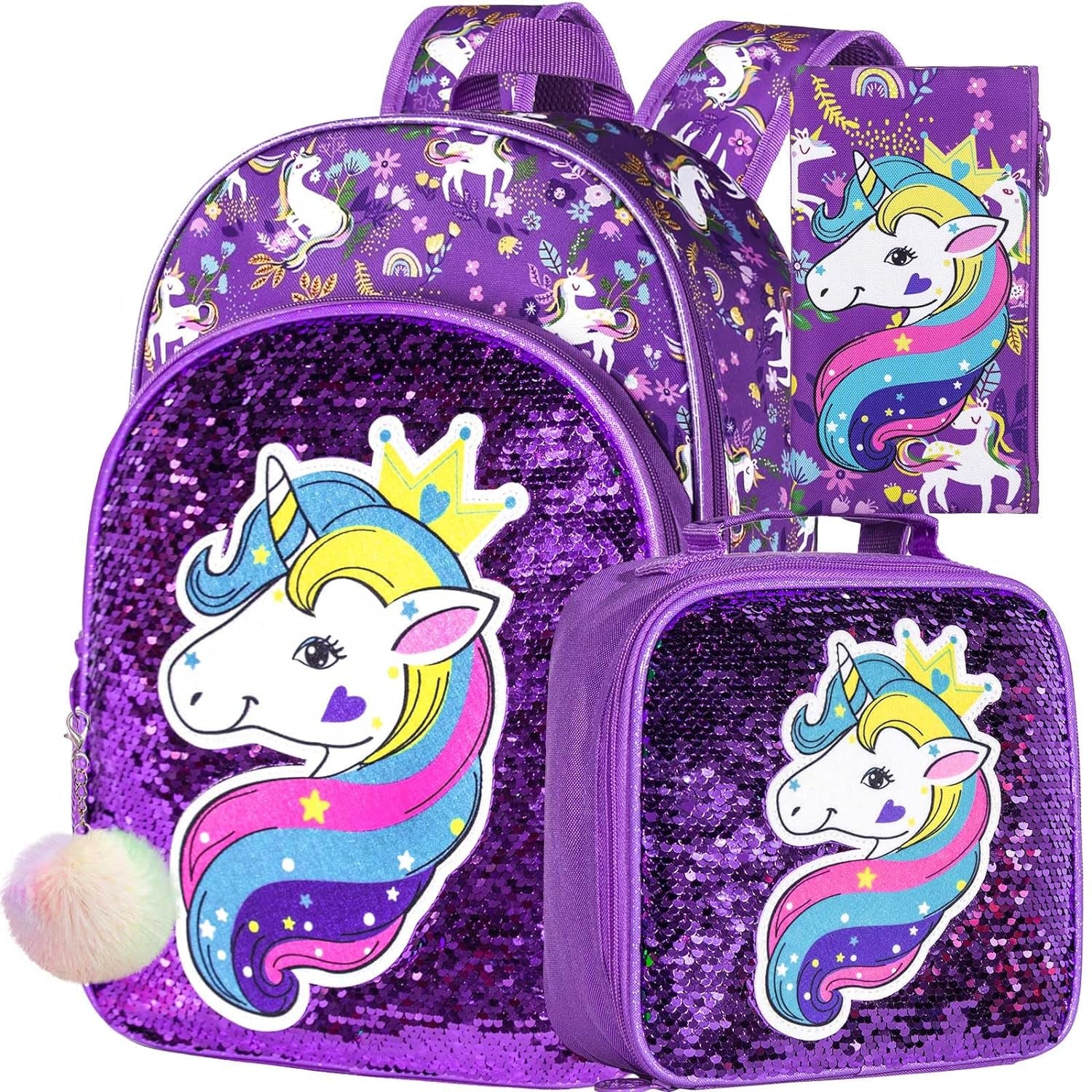 3PCS Backpacks for Girls, 16" Elementary Kids Unicorn Sequin Preschool School Bookbags and Lunch Box