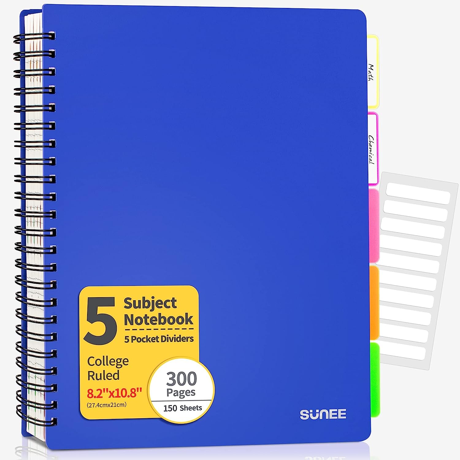 5 Subject Notebook College Ruled - 300 Pages, 8.2"X10.8", 5 Pocket Colored Dividers, 3-Hole Punched Paper, Pink