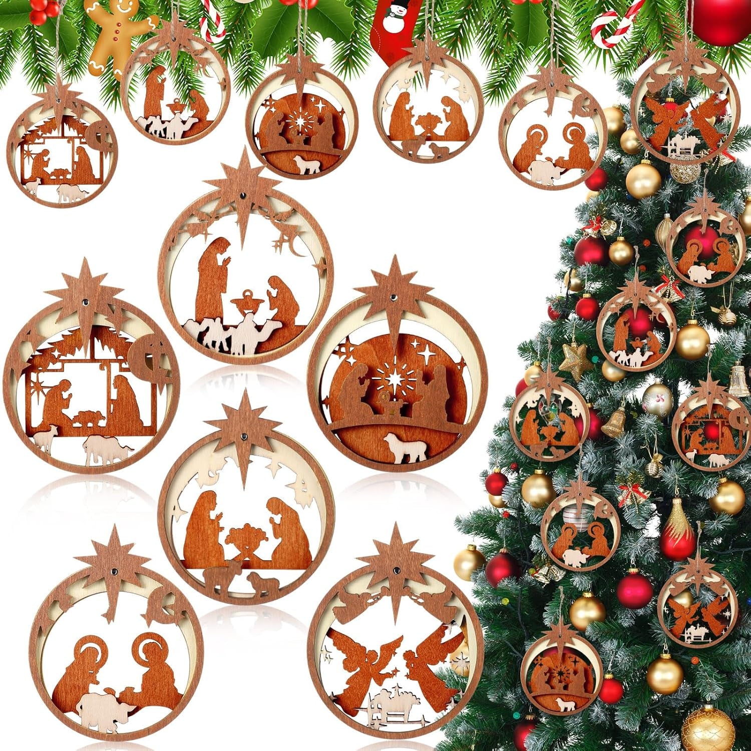 6 Pcs Christmas Nativity Ornaments Christian Music Sheet Nativity Scene Ornaments Wooden Christmas Hanging Ornament Bulk for Xmas Tree Birth of Jesus Religious Gift for Family(Round)