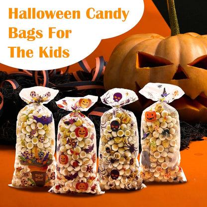 Halloween Cellophane Treat Bags, 180Pcs Halloween Trick or Treat Goody Gags with 200Pcs Twists for Snacks Cookies Packing, Halloween Goodie Bags Party Supplies(02)