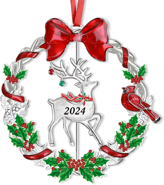 Christmas Ornament 2024 for Christmas Tree Decorations, Dated 2024 Christmas Wreath Ornament with Rotatable Deer for Holiday Decorative Keepsake Gift(Metal,1 Pack)