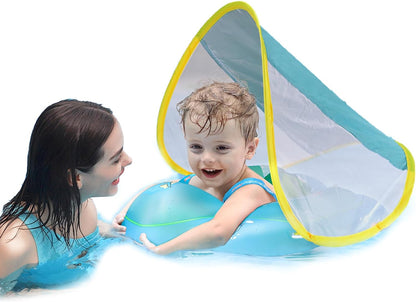 Inflatable Baby Swim Float with Sun Canopy Size Improved Infant Pool Floaties Swimming Pool Toys for the Age of 3-72 Months(Blue, L)