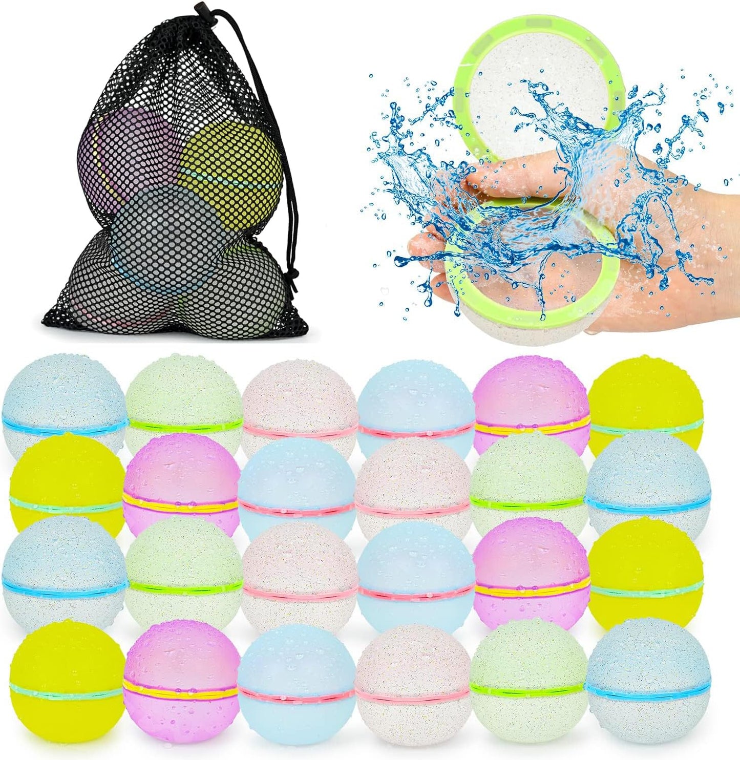 Reusable Water Balloons 12Pcs with Mesh Bag, Self Sealing Silicone Ball Latex-Free, No Clean Hassle, Easy to Fill, Summer Toys Water Toy Swimming Pool Beach Park Yard Outdoor Games Party Supplies