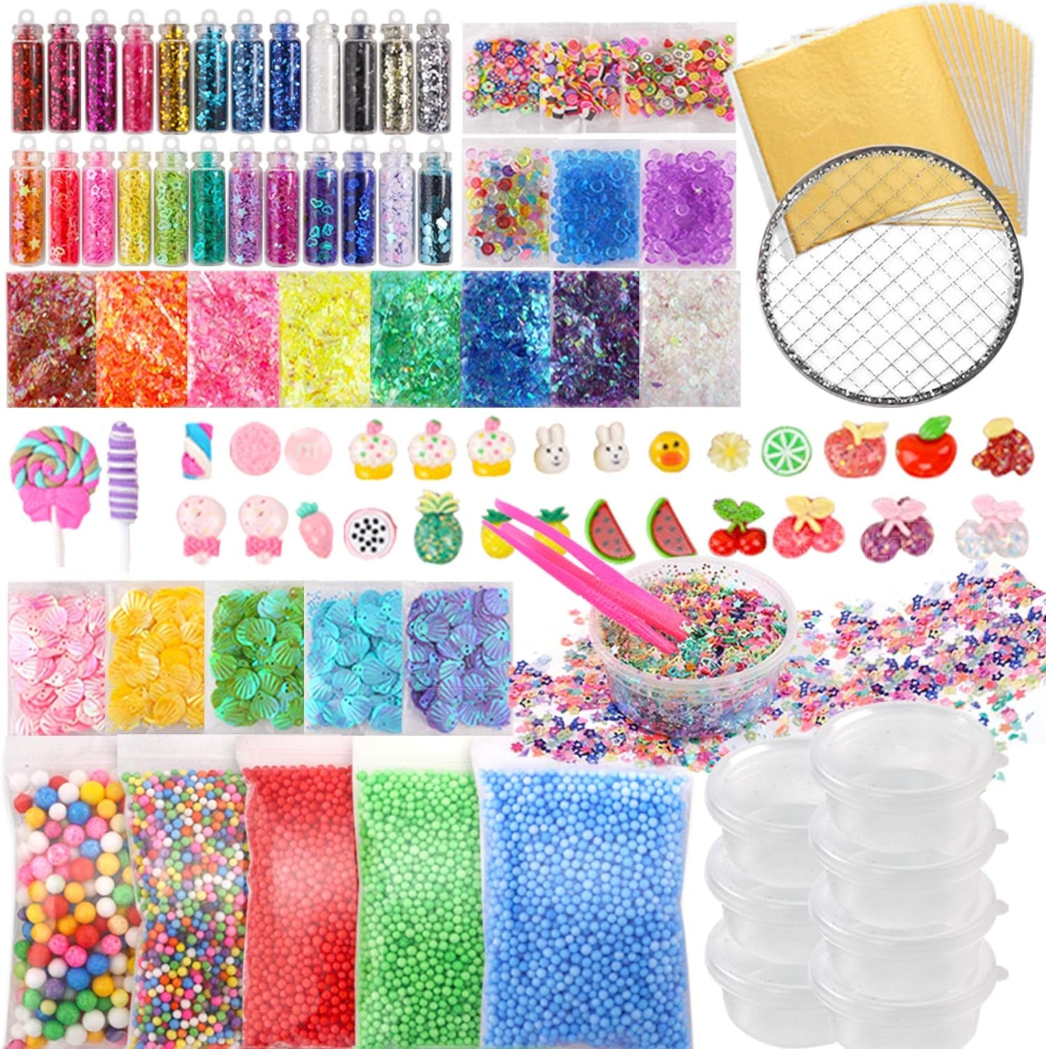 110Pcs Slime Making Kit, Add Ins, Accessories, Glitter, Foam Balls, Fishbowl Beads, Sequins, Shells, Candy Charms, Cups for Slime Party