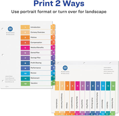 12 Tab Dividers for 3 Ring Binders, Customizable Table of Contents, Multicolor Tabs, 6 Sets (11196)