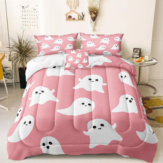 Cartoon Ghost Bedding Set Pink Halloween Comforter Set for Girls Kids Shy Ghost Kawaii Halloween Decor Ghost Festival Theme Pink and White Bedding Comforter Set King Size