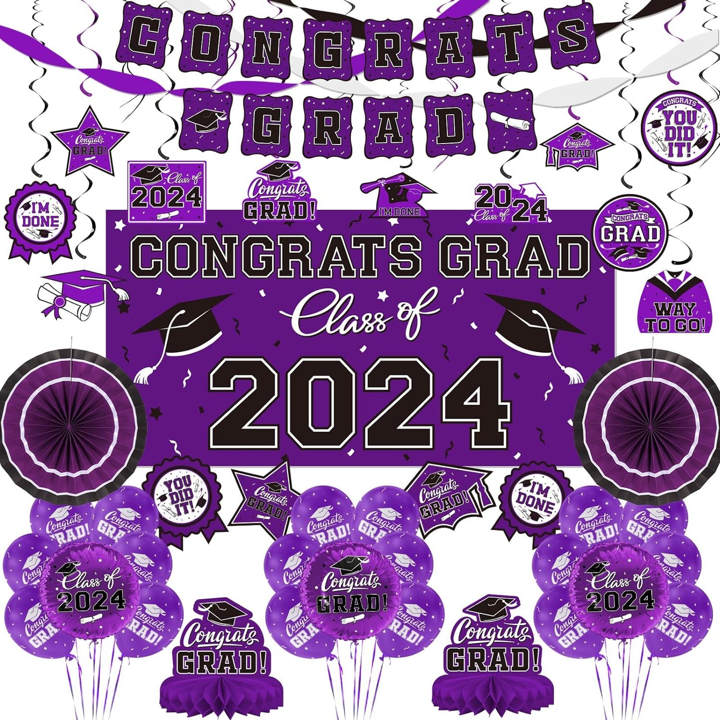 Blue Themed 2024 Graduation Decorations Set - Congrats Grad Banner, Class of 2024 Backdrop, Balloons & Streamers Kit - Complete Party Supplies for High School & College Celebrations