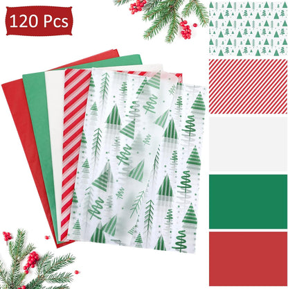 120 Sheets Christmas Tissue Paper for Gift Bags, Red Green and White Tissue Paper Bulk Assorted Design Gift Wrapping Paper, Xmas Tissue Paper for Crafts Holiday Decor