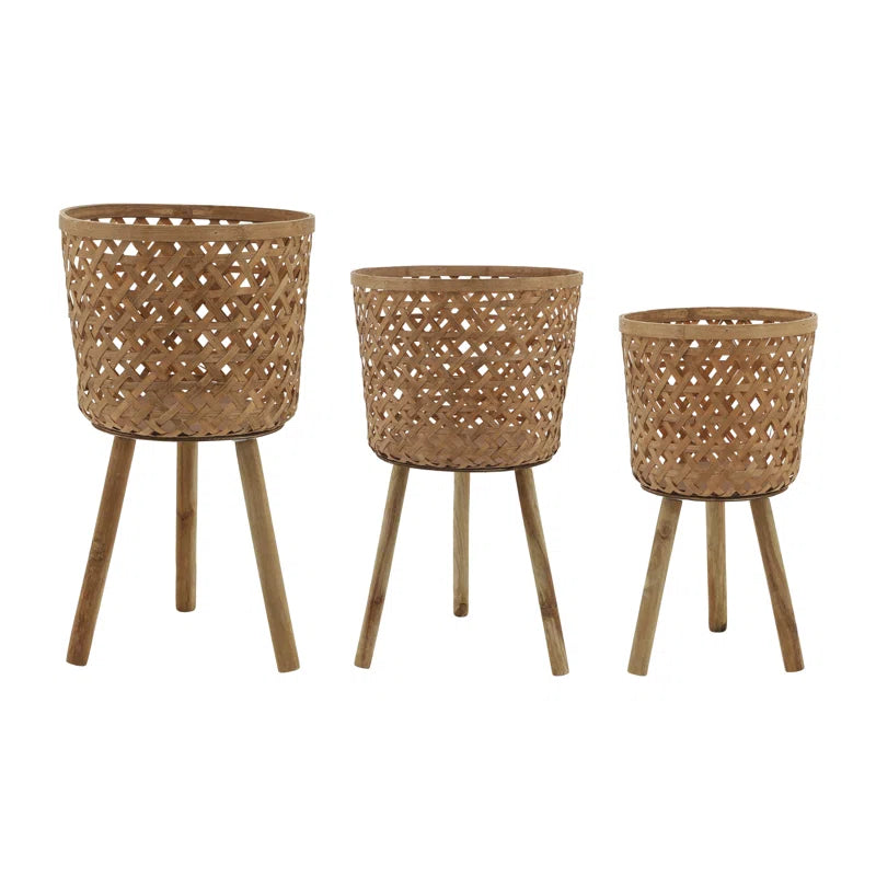Toole Bamboo Planter Pots on Tripod Stands, Indoor and Outdoor Set