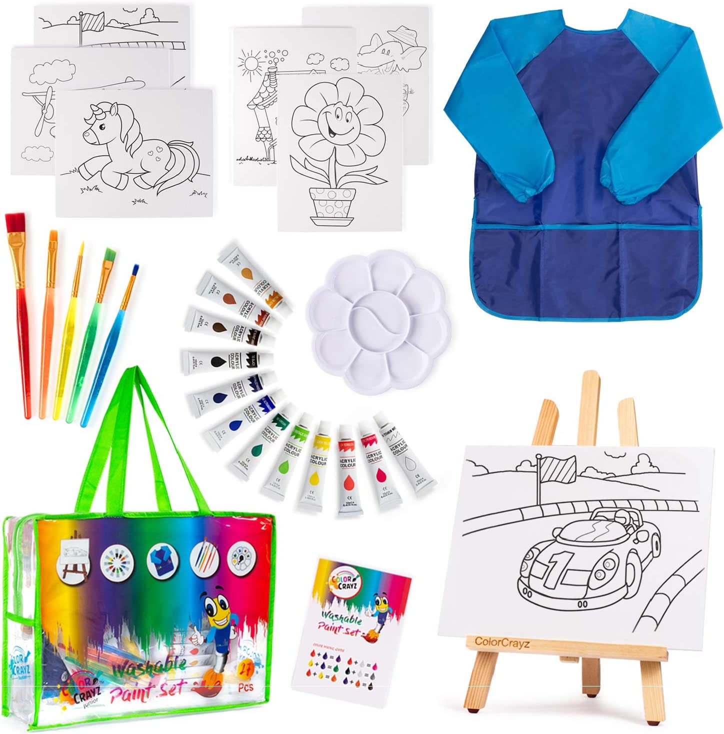 Paint Set for Kids - 27 Piece Art Kit for Girls & Boys Ages 4-10 - Non-Toxic Washable Painting Supplies with Canvases, Brushes Easel Smock & More - Fun & Creative Gift Idea for Children