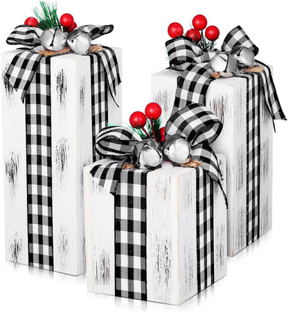 3 Pcs Christmas Wooden Gifts Box Decor Christmas White Black Plaid Presents Table Centerpieces Rustic Wooden Gifts Tiered Tray Decor with Buffalo Plaid Bowknot for Xmas Party Decor