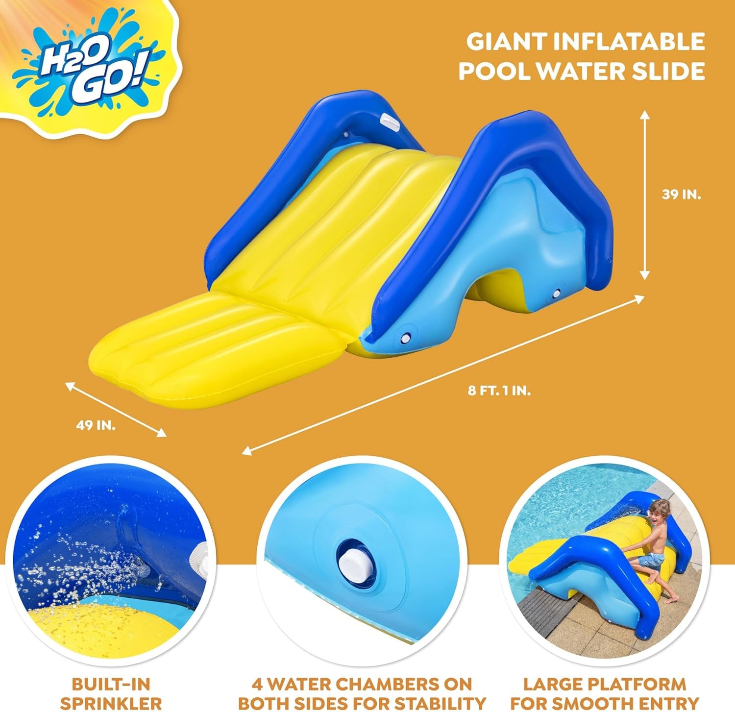 H2OGO! Giant Inflatable Outdoor Swimming Pool Water Slide with Built-In Sprinkler, Large Platform, and 4 Water Chambers for Stability