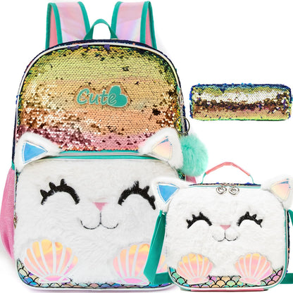 Cute Cat Sequin Backpacks for Girls School Backpacks with Lunch Box Pencil Case for Elementary Preschool Students Girls Backpacks Ages 8-10 Kids Travel Backpack 3 in 1 Bookbag Set for Girls
