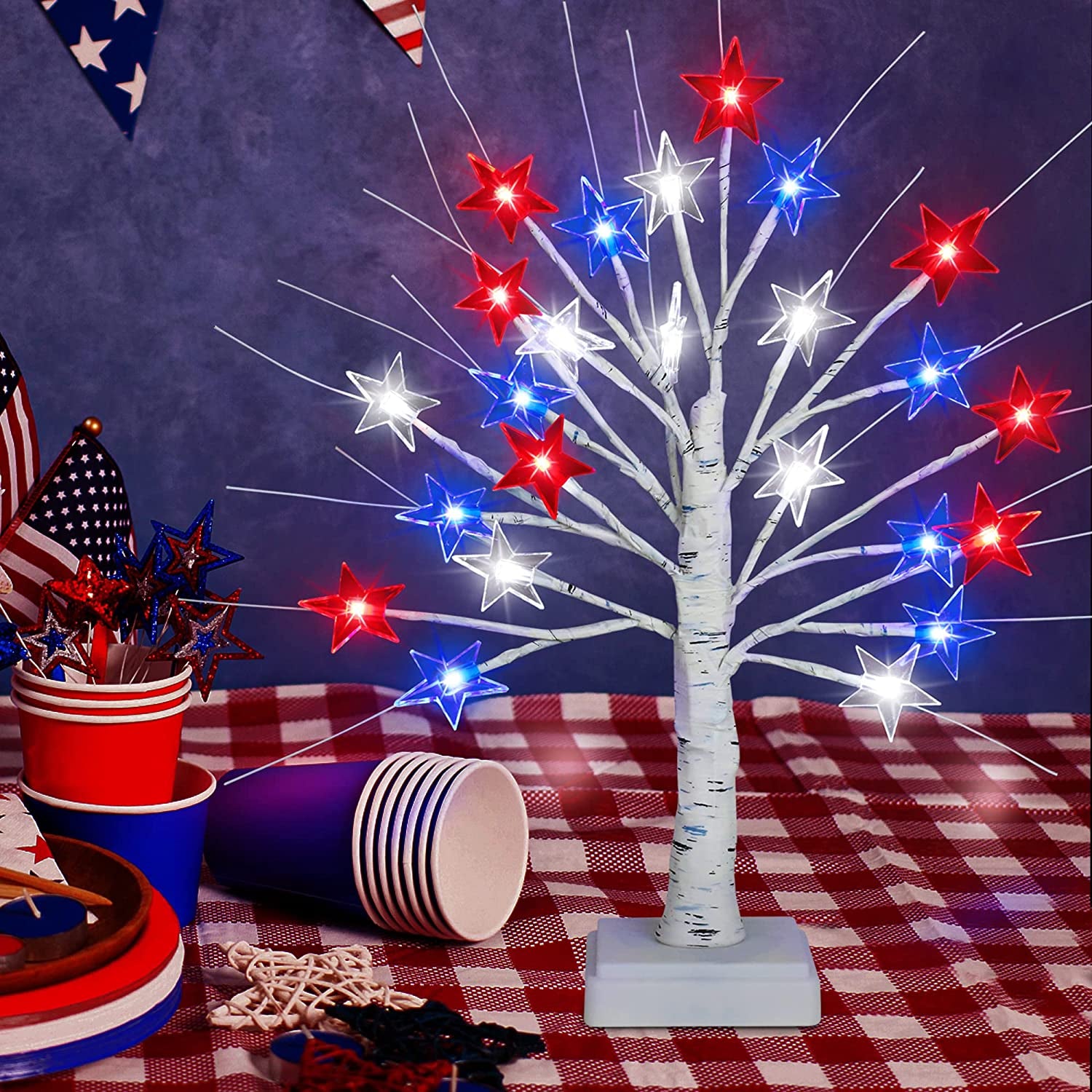 [Timer] 2 Pack 18 Inch 4Th of July Patriotic Decorations Tree Light with 24 LED Red White Blue Star Lights, Usb/Battery Operated Fourth of July Independence Day Lighted Tree for Home Table Party Decor