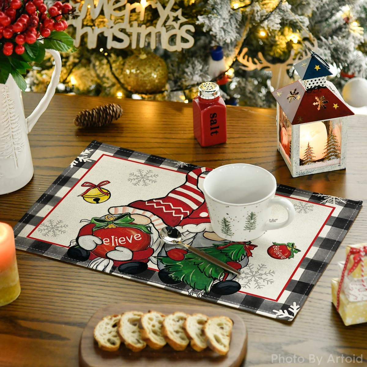 Gnomes Believe Xmas Balls Christmas Placemats Set of 6, 12X18 Inch Seasonal Winter Snowflake Table Mats for Party Kitchen Dining Decoration