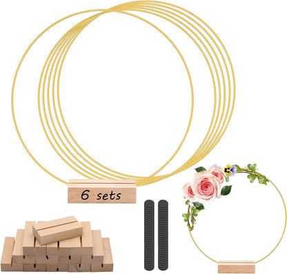 15Pcs 12 Inch Metal Floral Hoop Centerpiece with 15 PCS Wood Place Card Holders and Adjustable Foot Pads, Gold Wreath Macrame Hoop Rings Decorations for DIY Wedding Party Table Decor Dream Catcher